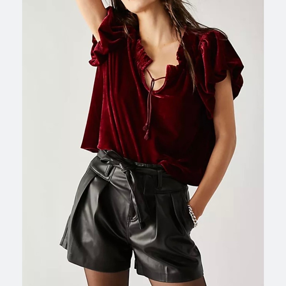 NWOT Free People Therese Red Velvet Balloon Sleeve Top